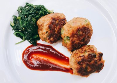 Korean Style Chicken Meatballs with Marinated Spinach